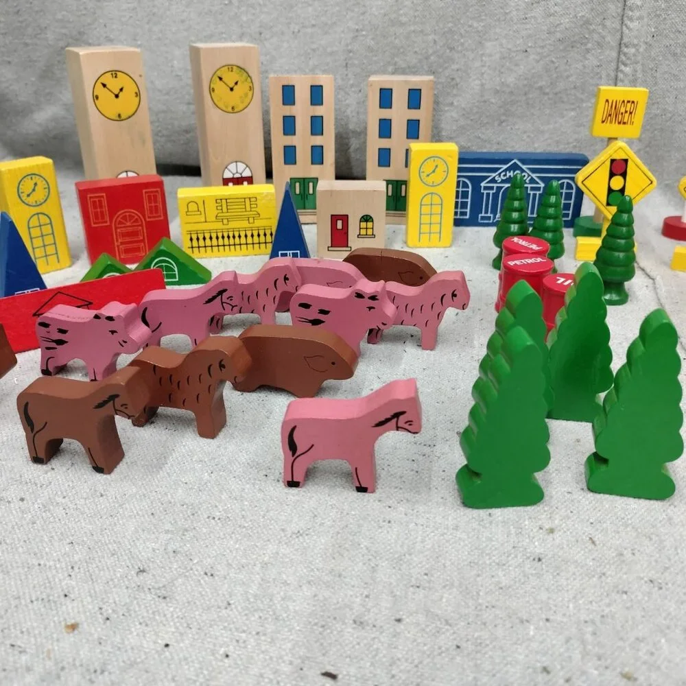 Lot of 63 Thomas Train Wooden Trees Signs Animals People Buildings Accessories